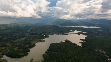 Taze yeşil yapraklar, tropikal bitkiler ve ağaçlar dağları ve vadiyi kaplar. Sri Lanka.