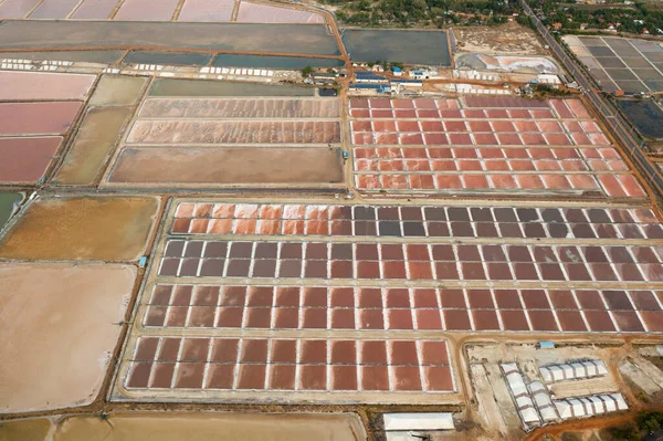 stock image Aerial view of Saline pond and salt evaporation ponds filled from ocean. Sri Lanka.