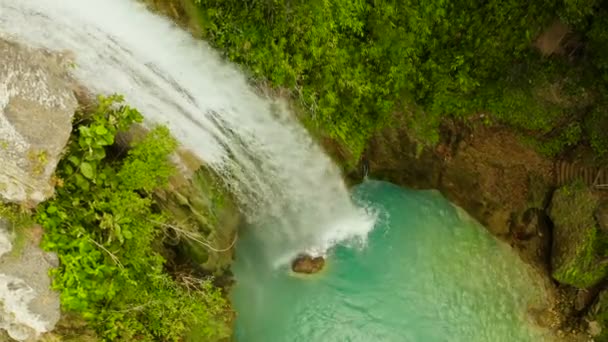 熱帯ジャングル フィリピン セブの山の峡谷でのInambakan滝の空中ビュー 熱帯雨林の滝 — ストック動画