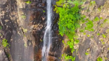 Waterfall among tropical jungle with green plants and trees. Bambarakanda Falls. Sri Lanka.