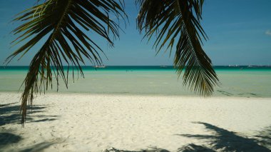 Mavi deniz ve palmiye dalları arasında tropikal plaj. Yaz ve seyahat tatili konsepti. Boracay, Filipinler