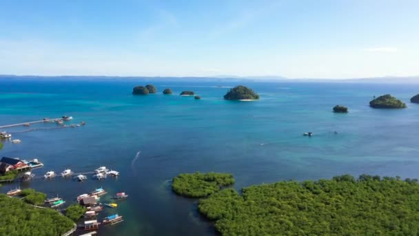 サンゴ礁とビーチと青い海の小さな熱帯の島のトップビュー ブリタニア諸島 スリガオ スール フィリピン — ストック動画