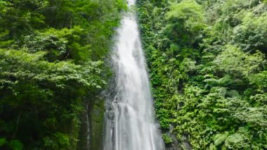 Pulang Tubig Şelalesi 'nin havadan görüntüsü ağır çekimde bir dağ geçidinde. Tropikal ormanda şelale. Zenciler, Filipinler.