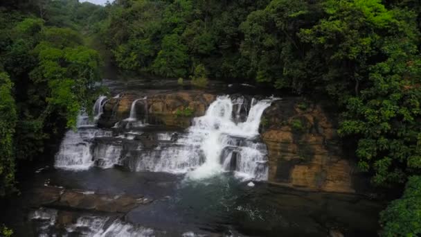 Vista Aérea Selva Cascada Bosque Tropical Rodeado Vegetación Verde Caídas — Vídeos de Stock