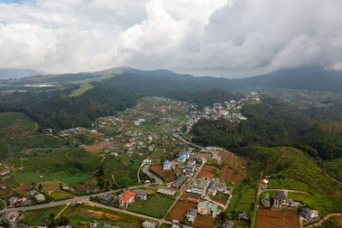 Top view of village among tea plantations and agricultural lands. Nuwara Eliya, Sri Lanka.