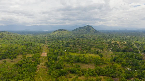 stock image Aerial view of Mountain valley with farmland and tropical forest. Sri Lanka.