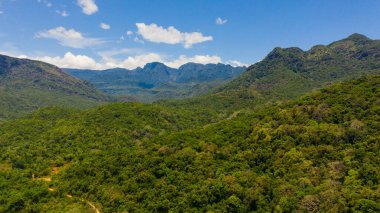 Yağmur ormanları ve ormanlarla kaplı dağ yamaçları. Dağ vilayetindeki vadi manzarası. Riverston, Sri Lanka.