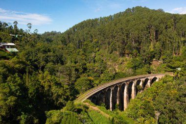 Ella yakınlarındaki Highlands 'taki Nine Arches Köprüsü, yukarıdan Sri Lanka manzaralı. Çevrede Orman ve Çay Çiftliği.