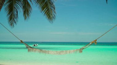 Deniz burnu: hamaklı güzel tropikal plaj. Panglao, Filipinler. Yaz ve seyahat tatil konsepti.
