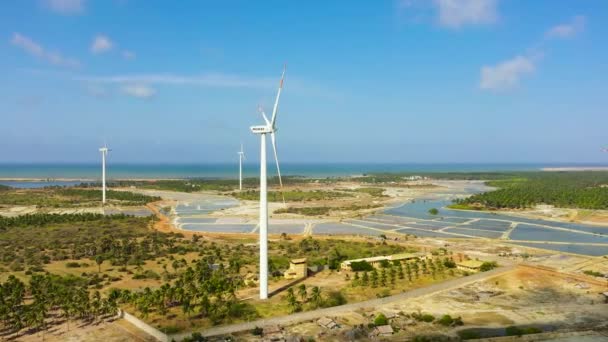 Deniz Kıyısında Rüzgar Türbinleri Olan Rüzgar Çiftliği Rüzgar Santrali Kalpitiya — Stok video