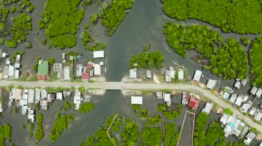 Filipinler 'deki kırsal yol, mangrovlar ve evleri manzaralı köy. Siargao Adası, Filipinler.