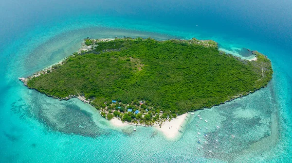 stock image Top view of tropical island with a beach in the open ocean. Virgin Island, Philippines.