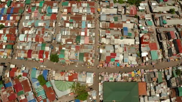 Fattigt Område Slummen Manila Med Densitetshus Och Gator Uppifrån — Stockvideo