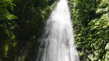 Ormandaki şelalenin hava aracı. Ağır çekim. Yağmur ormanındaki Pulang-Tubig Şelalesi. Zenciler, Filipinler.