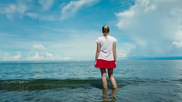 Denizde Mavi Gökyüzüne Karşı Duran Kadın Deniz Manzarasının Tadını Çıkarıyor — Stok video