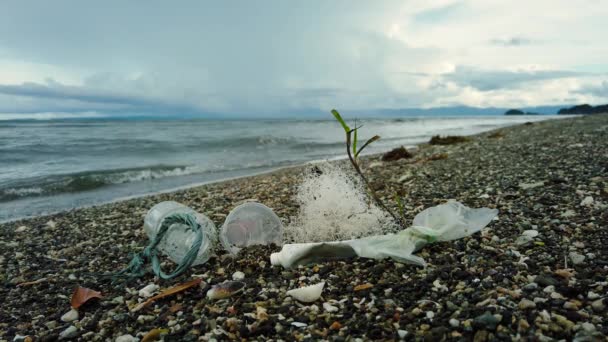 海滩上靠近大海的塑料垃圾和废弃物 污染概念 被垃圾和人类废物污染的海滩 — 图库视频影像