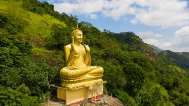 Budist tapınağındaki altın Buda heykeli. Aluvihara Kaya Tapınağı, Matale, Merkez Bölgesi, Sri Lanka