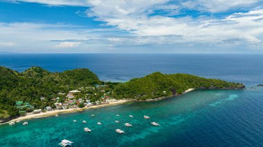 Plajı olan tropik bir ada. Apo Adası. Popüler dalış alanı ve turistlerle şnorkelle yüzme yeri. Zenciler, Filipinler.