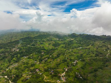 Dağlar ve kırsal kesimdeki tepeler arasındaki tarım arazisinin en üst görüntüsü. Cebu Adası, Filipinler.