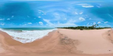 Güzel sahil manzarası, turkuaz sudaki palmiye ağaçları. Sri Lanka, 360 panorama VR.