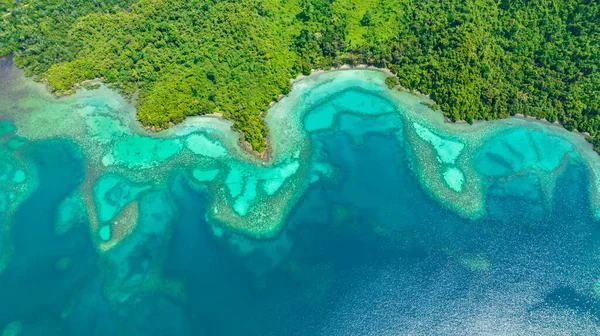 stock image Aerial view of tropical lagoon with turquoise water and coastline with tropical vegetation. Borneo, Sabah, Malaysia.