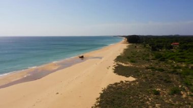 Aerial view of Seascape with tropical sandy beach and blue ocean. Sri Lanka.