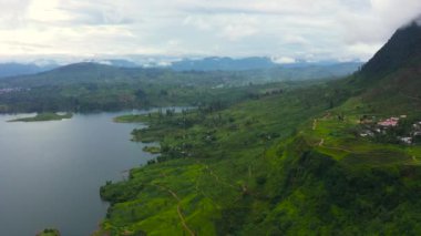 Sri Lanka 'da Nuwara Eliya yakınlarında çay çiftliği ve Maskeliya Gölü veya Maussakelle rezervuarı.