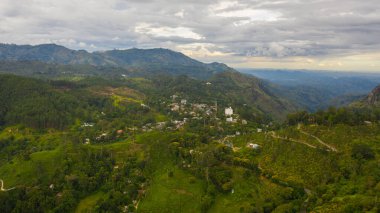 Ella 'nın havadan görünüşü çay tarlaları ve tarım arazileri olan yeşil tepelerle çevrilidir. Sri Lanka.