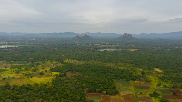 Top view of Sigiriya lion rock and Pidurangala in a mountain valley among green tropical vegetation. Sri Lanka.