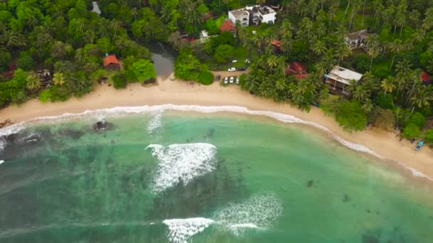 Luchtfoto Van Hiriketiya Strand Surfers Zee Een Beroemde Surfplek Sri — Stockvideo