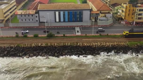 Aerial Drone Train Coastal Railway Colombo Sri Lanka — Stock Video