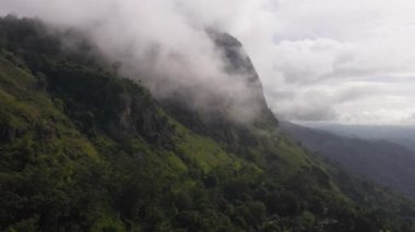 Ormanın ve dağların bulutlarla kaplı hava dronu. Sri Lanka