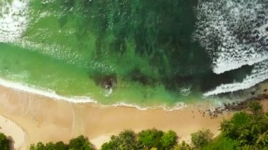 Aerial drone of Seascape with tropical sandy beach and blue ocean. Hiriketiya, Sri Lanka.