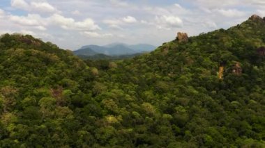 Yeşil ormanlı dağların havadan görünüşü ve bulutlu mavi gökyüzü. Sri Lanka.
