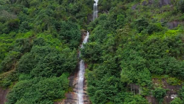 Aerial Drone Waterfall Mountain Gorge Tropical Jungle Sri Lanka — Stock Video