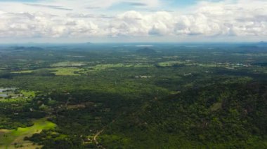 Yağmur ormanları ve tarım arazileri olan bir dağ vadisi olan dağ yamaçlarının insansız hava aracı. Sri Lanka.