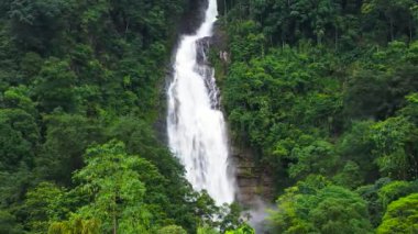 Yeşil ormandaki Mapalana Şelalesi 'nin havadan görünüşü. Tropik dağ ormanlarında şelale. Sri Lanka.