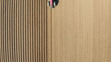 Hava görüşü traktörü, tarla tarlasında tarla traktörü ekmek için tarla sürmeyi ve ekime hazırlık arazisini keser. Korkuluklu traktör tarım arazisini ekin ekmeye hazırlıyor.