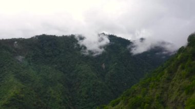Dağ zirveleri yağmur ormanları ve bulutlarla kaplıdır. Filipinler, Luzon Adası 'ndaki dağlık arazide orman. Sabah sisle kaplı bir dağın tepesindeki yağmur ormanları. Yağmur bulutları...