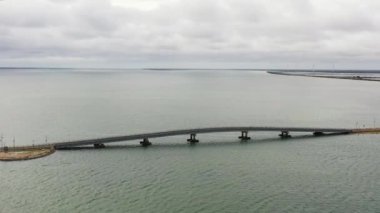 Aerial drone of Sangupiddy Bridge is a road bridge across Jaffna Lagoon in northern Sri Lanka.