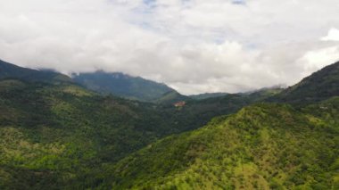 Yağmur ormanı ve bulutlu dağların havadan görünüşü. Sri Lanka.