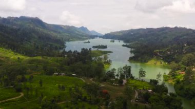 A lake among the hills with tea plantations in the mountains. Maskeliya, Castlereigh, Sri Lanka.