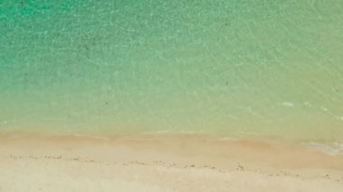 Dalgalı ve turkuaz suyu olan tropik kumlu sahil, metin için kopyalama alanı, hava manzarası. Dalgalı ve tropik plajlı bir okyanus. Yaz ve seyahat tatil konsepti