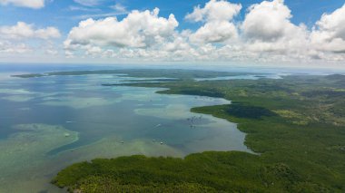 Orman ve mavi deniz manzaralı bir ada. Tropik bölgelerde deniz manzarası. Balabac, Palawan. Filipinler.