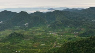 Dağların ve ormanların arasında tarım arazileri olan bir vadi. Sumatra. Endonezya.