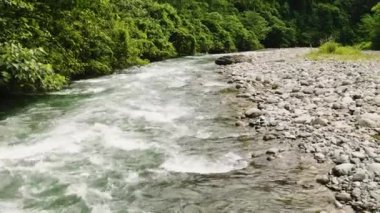 Tropikal bitki örtüsüyle ormandaki nehrin havadan görünüşü. Sumatra. Bukit Lawang. Endonezya.