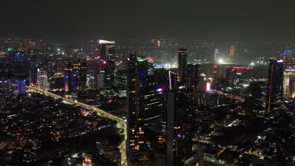 Vista Aérea Yakarta Con Rascacielos Iluminación Noche — Vídeos de Stock