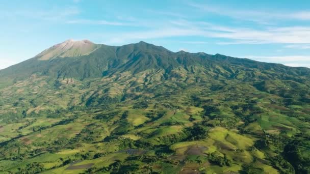 Aerial Drone Farmland Plantings Background Mountains Blue Sky Canlaon Volcano — Stock video