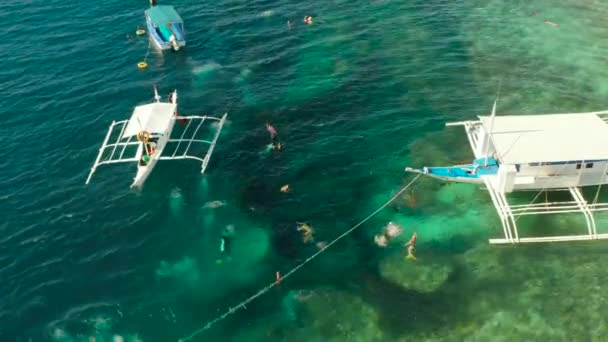 Туристы Ныряют Маской Над Коралловым Рифом Чистой Голубой Водой Океана — стоковое видео