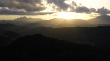 Gün batımında tropikal bitki örtüsü olan dağ yamaçları. Sri Lanka.